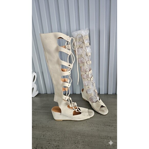 Women’s Knee-High Gladiator Sandals, Soft Suede Leather, Lace-Up Beige  Size 37 - Picture 2 of 7